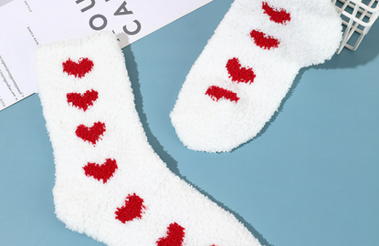 fuzzy white socks with red hearts