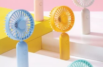 5 fans: one blue, one teal, one yellow, one white, one pink