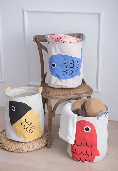 MINISO Ocean collection: laundry baskets with fish, one blue fish, one red fish, one yellow and black fish