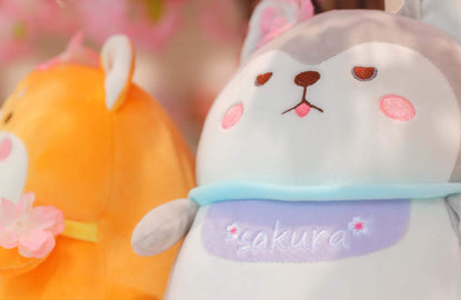 Shiba inu plushies with Sakura bib