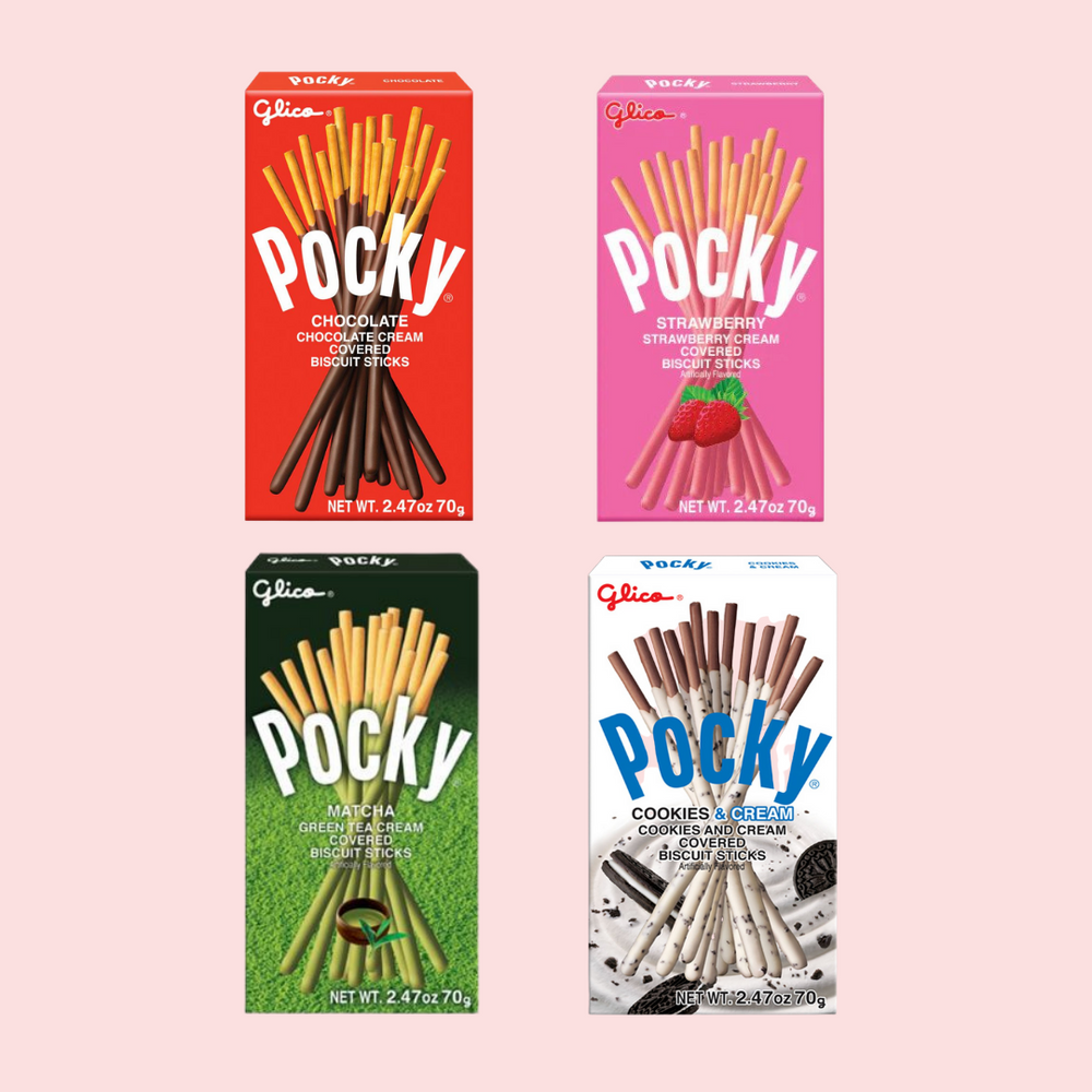 Pocky stick boxes: Original, strawberry, green tea, Oreo flavor