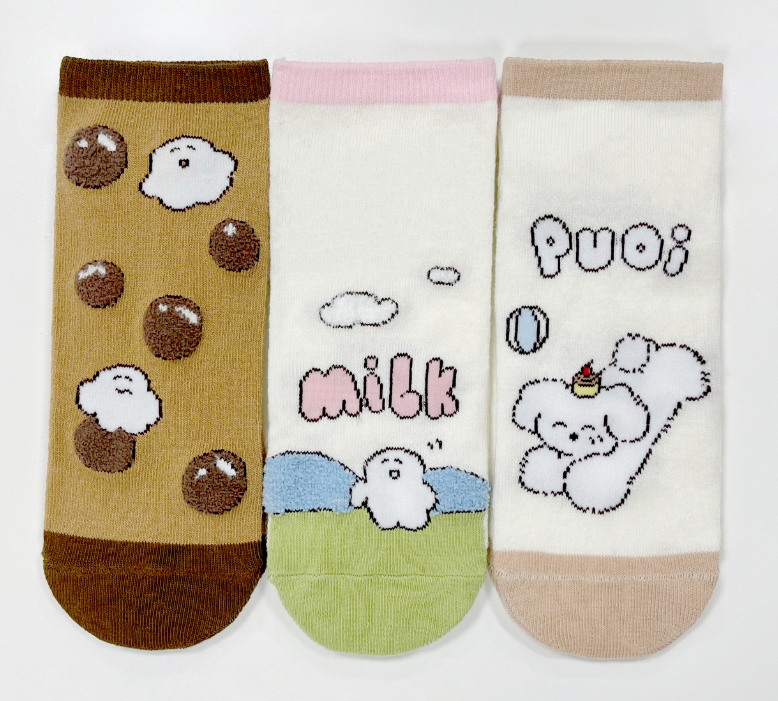 Guji Guji Bread Baking Series Ankle Socks (3 Pairs)(White & Brown)