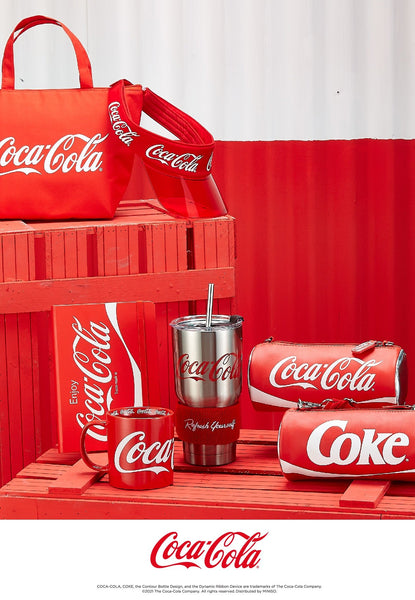 MINISO x Coca-Cola collaboration collection product: bag, wallets, portable cups, mugs, visor