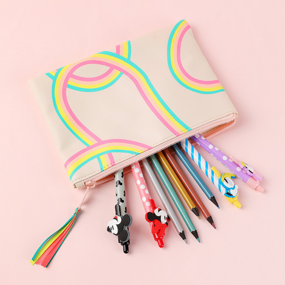 pencil case with rainbow ribbon print