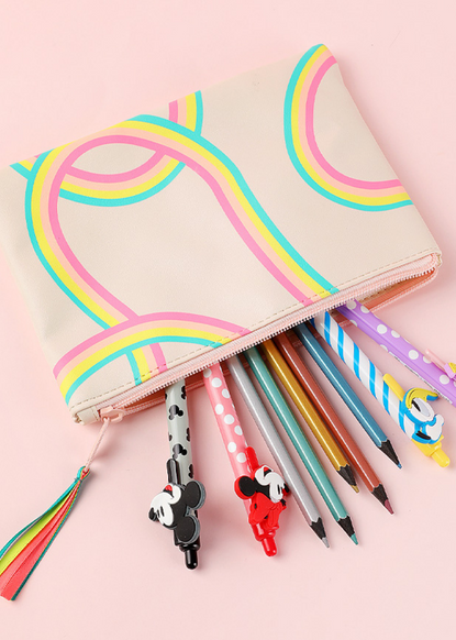 pencil case with rainbow ribbon print