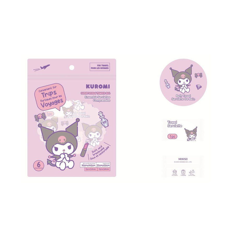 Kuromi Compressed Towels Set (4-Piece Towels & 2-Piece Bath Towels)