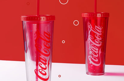 MINISO x Coca-Cola collaboration collection product: reusable cups with straws,  