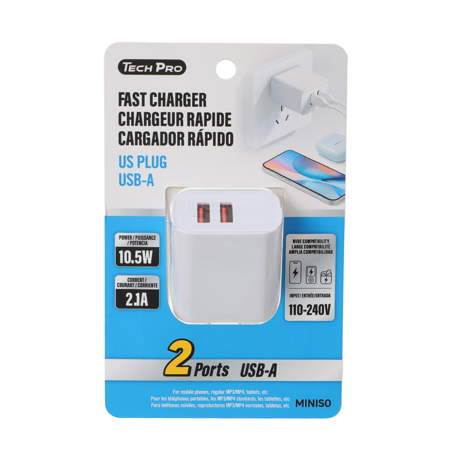 Tech Pro Series 2.1A USB-A Charger (2 Ports, US) Model: ST612 (White)