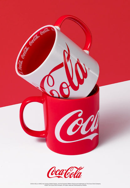 MINISO x Coca-Cola collaboration collection product: two mugs, one red one white with coca-cola logo