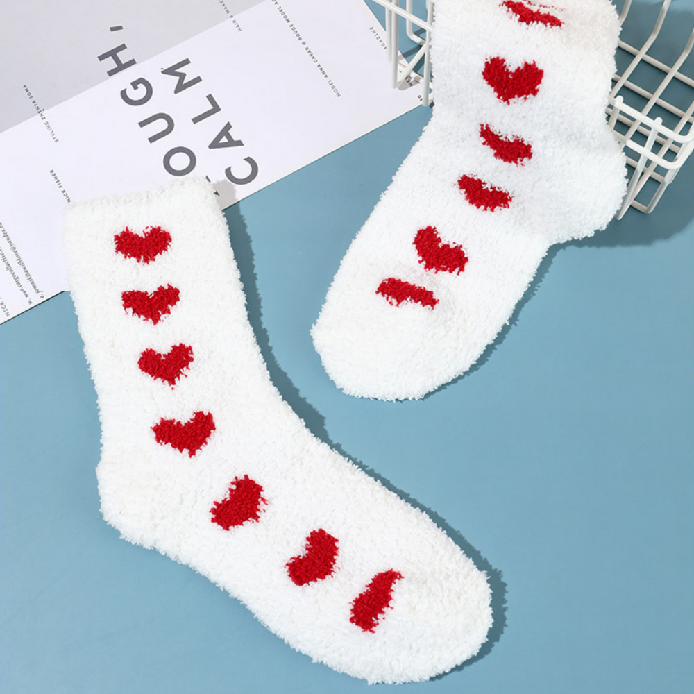 fuzzy white socks with red hearts