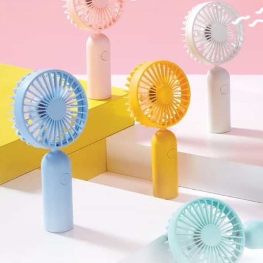 5 fans: one blue, one teal, one yellow, one white, one pink